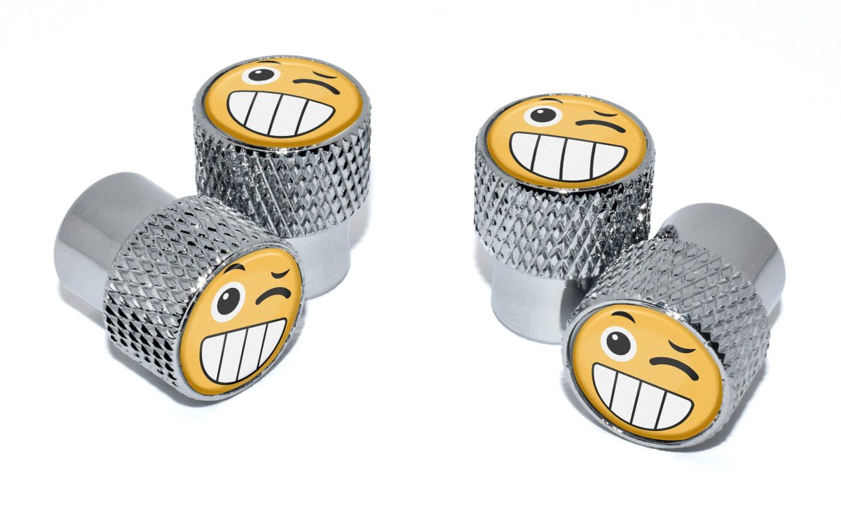 Wink Smiley Face Aluminum Tire Valve Stem Caps Bright Chrome Knurling Universal Fit For Cars Bikes Trucks Rvs Motorcycles