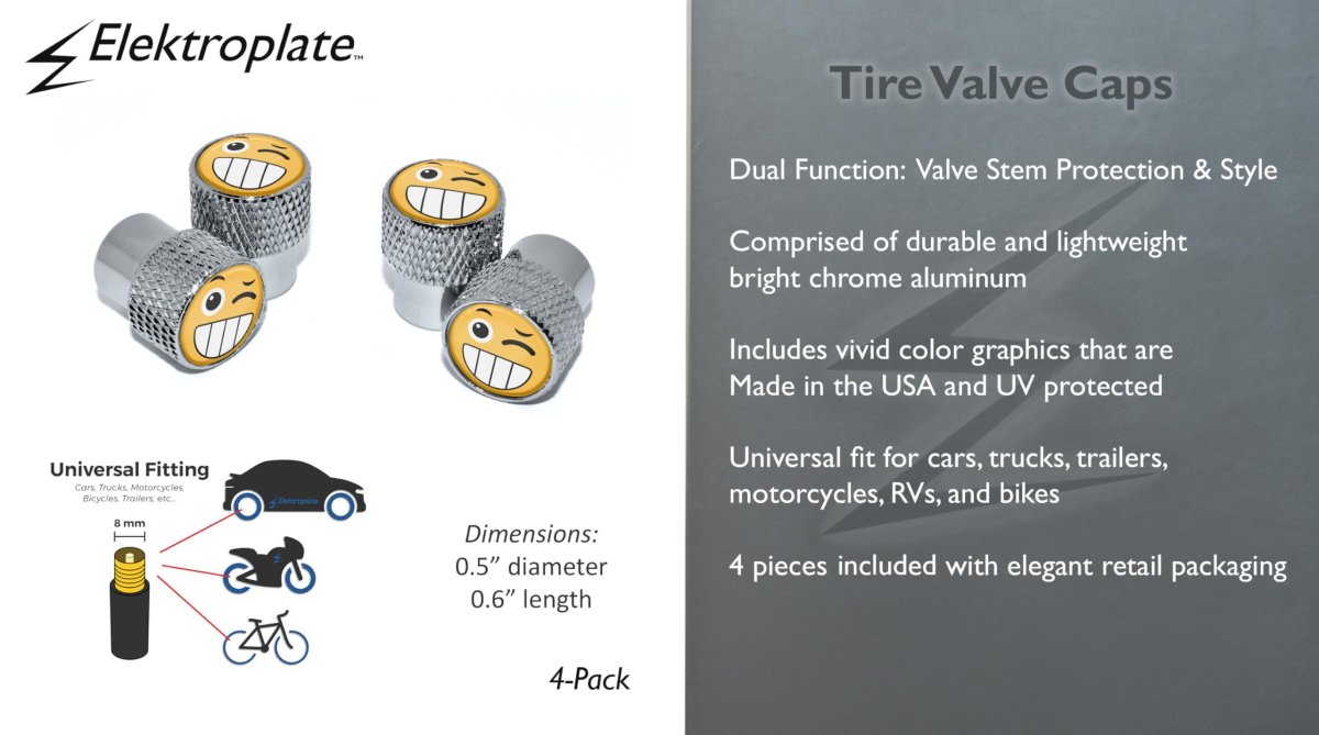Wink Smiley Face Aluminum Tire Valve Stem Caps Bright Chrome Knurling Universal Fit For Cars Bikes Trucks Rvs Motorcycles