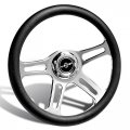 Eparts 1 X Universal 350mm Black Classic Leather Grip 6 Bolt Chrome 4-spoke Vintage Style Auto Steering Wheel 