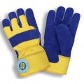 Cordova 7465m Blue Split Leather Palm Gloves Yellow Canvas Back Rubberized Safety Cuff Thinsulate Waterproof Lining Medium 