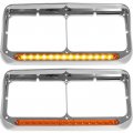 Partsam 2x Headlight Bezel With 12 Amber Led Light Strip Chrome Lh Rh Replacement For 4x6 Kenworth T400 T600 T800 W900b W900l