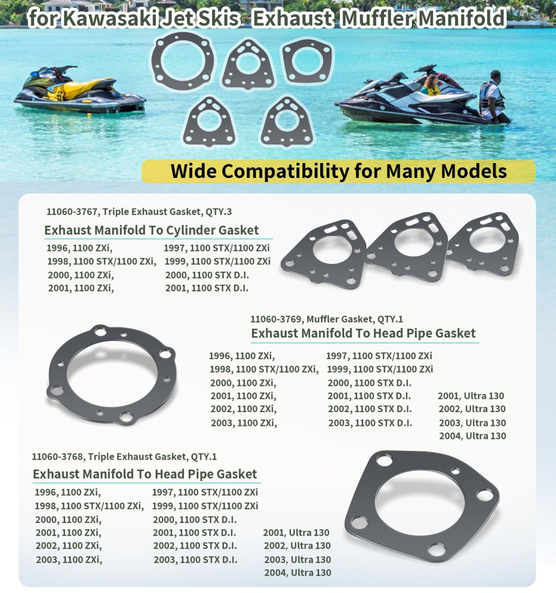 Kawasaki Jet Skis 1100 Zxi Stx Di Ultra 130 Exhaust Manifold Exhaust Head Rebuild Gaskets Kit