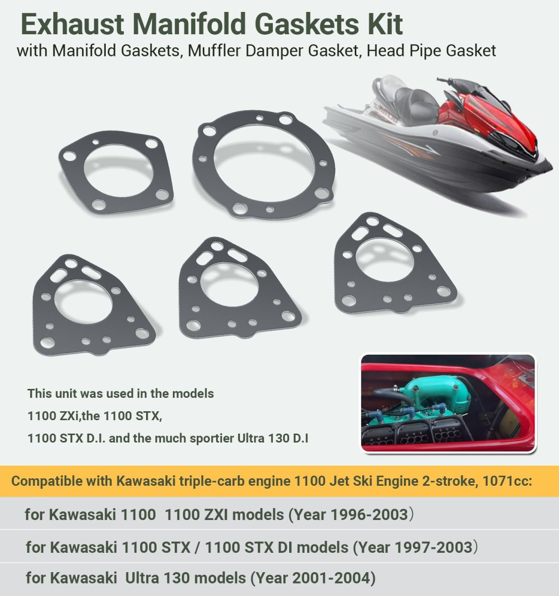 Kawasaki Jet Skis 1100 Zxi Stx Di Ultra 130 Exhaust Manifold Exhaust Head Rebuild Gaskets Kit