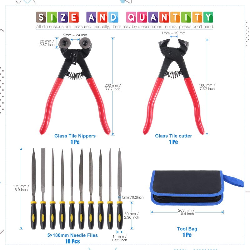 12 Piece Mosaic Tools Set With Wheeled Glass Nippers Tile Cutter Pliers And 10 High Strength Needle Files For Ceramic Cutting
