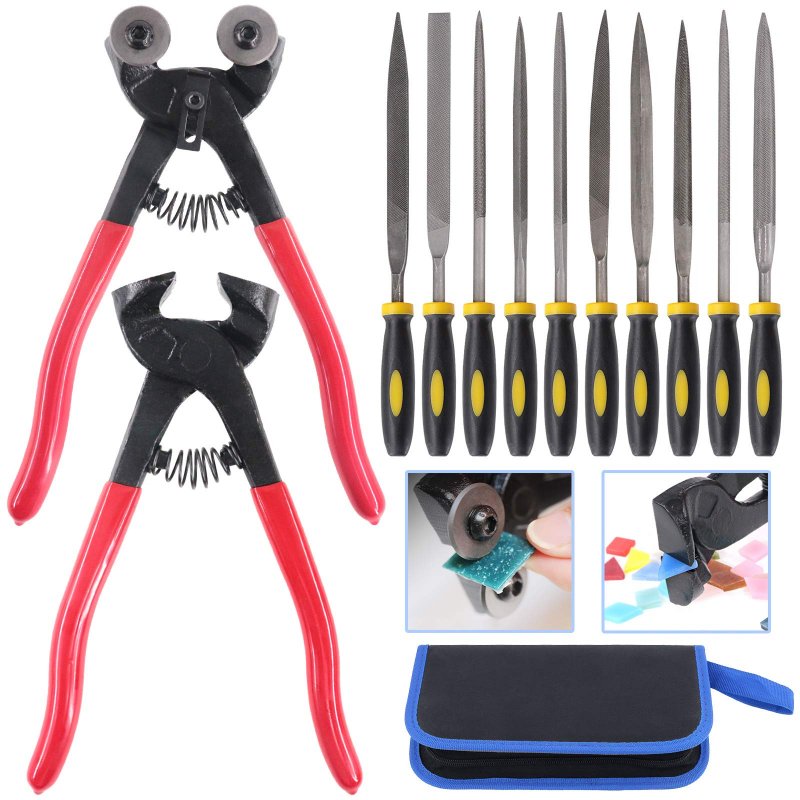 12 Piece Mosaic Tools Set With Wheeled Glass Nippers Tile Cutter Pliers And 10 High Strength Needle Files For Ceramic Cutting