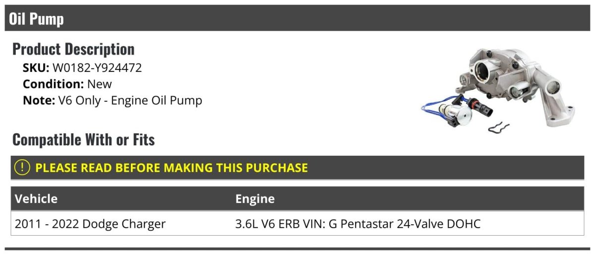 Engine Oil Pump For 2011-2022 Dodge Charger 3 6l V6 Erb Vin G Pentastar 24-valve Dohc