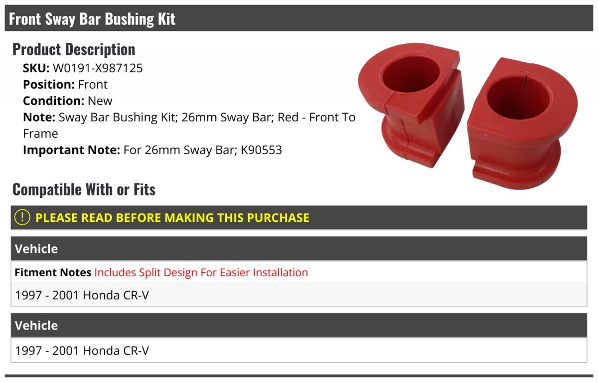 Front Sway Bar Bushing Kit 26mm To Frame For 1997-2001 Honda Cr-v