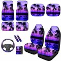 Toaddmos 12-piece Set Universal Purple Sunset Beach Palm Tree Hawaiian Style Car Front Seat Covers Carpet Floor Mats Steering 