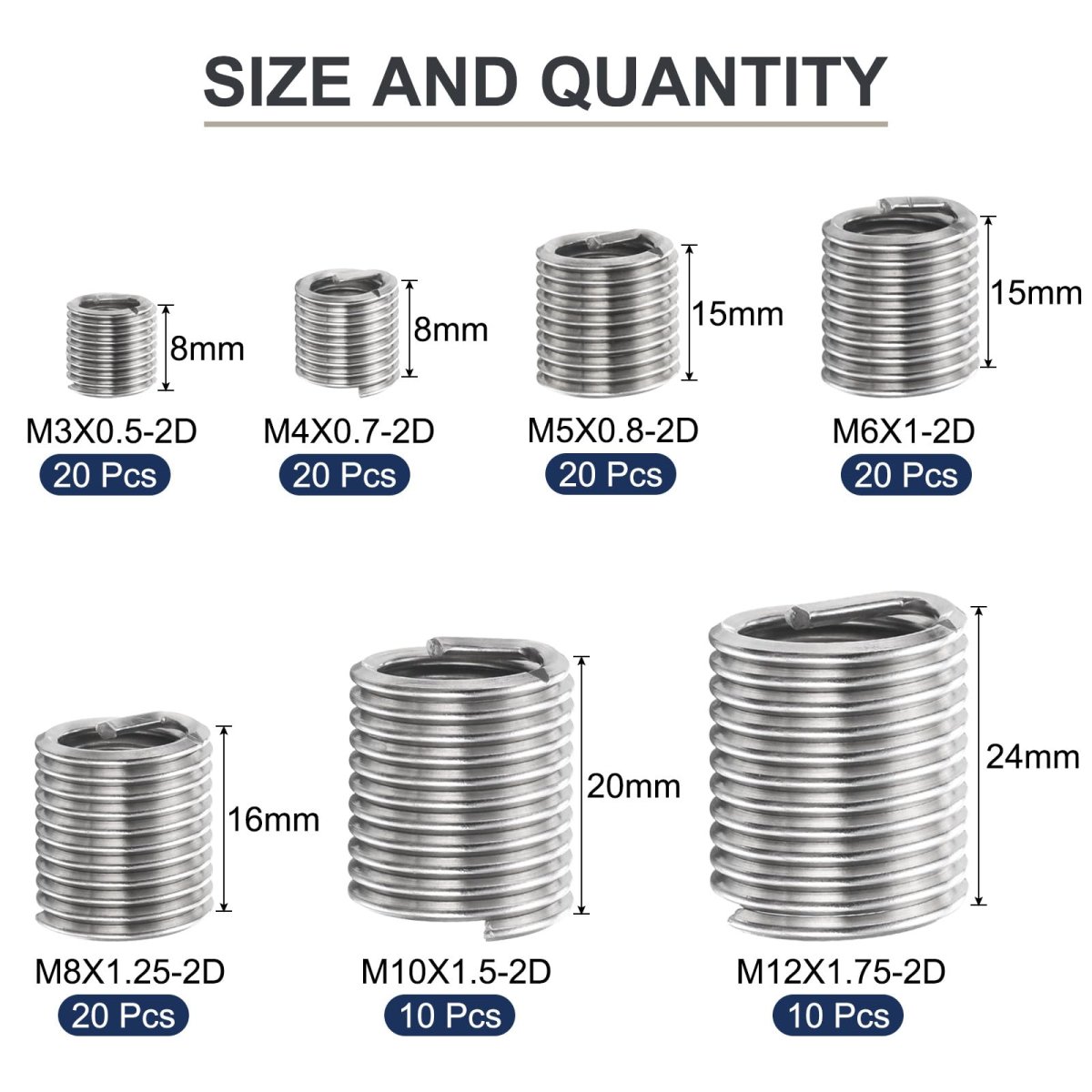 120pcs Wire Thread Insert Kit M3 M4 M5 M6 M8 M10 M12 2d Metric 304 Stainless Steel Helical Inserts Coiled Repair Threaded