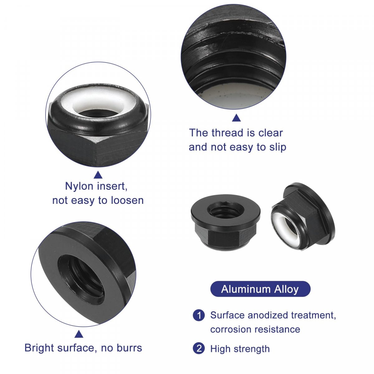 M6x1mm Flange Nylon Insert Lock Nuts 50pcs Aluminum Alloy Metric Hex Self Locking For Industrial Construction Fasteners Black