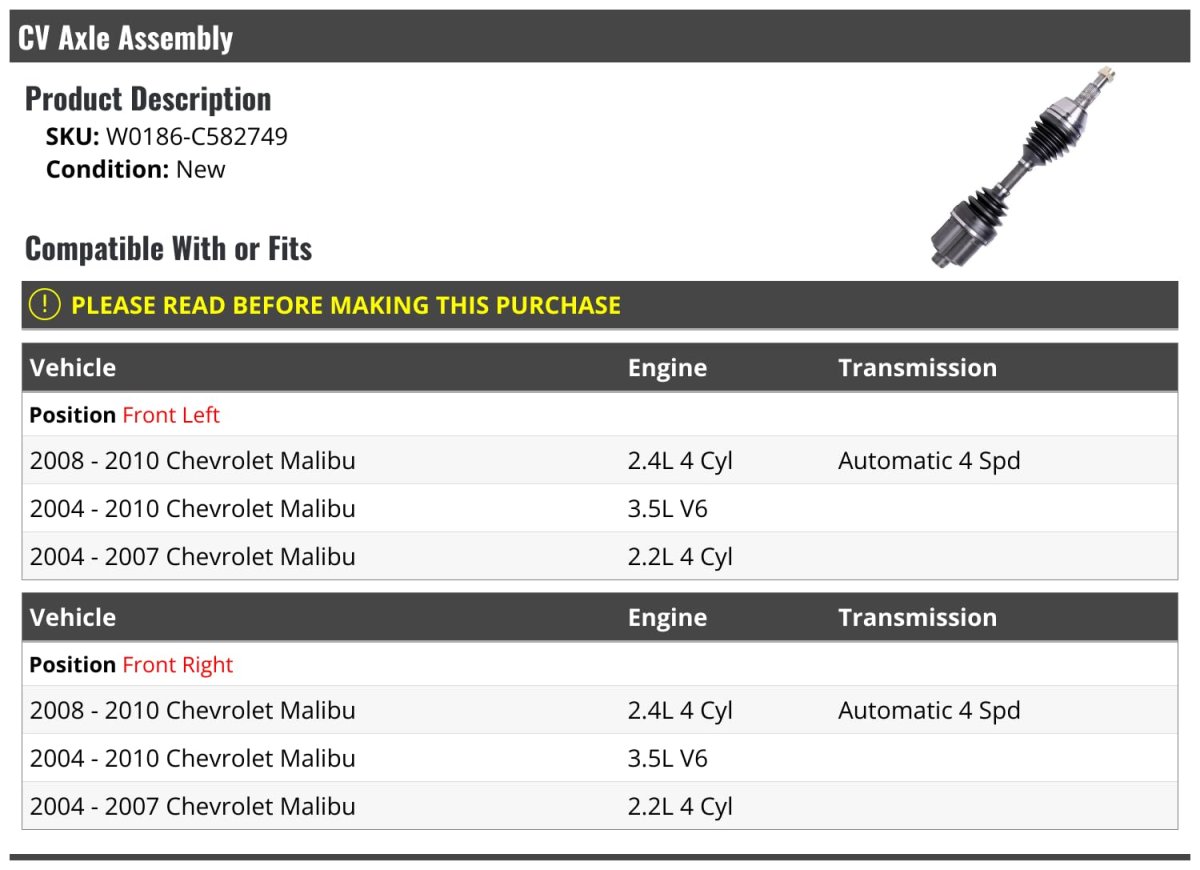 Front Cv Axle Assembly For 2004-2010 Chevy Malibu