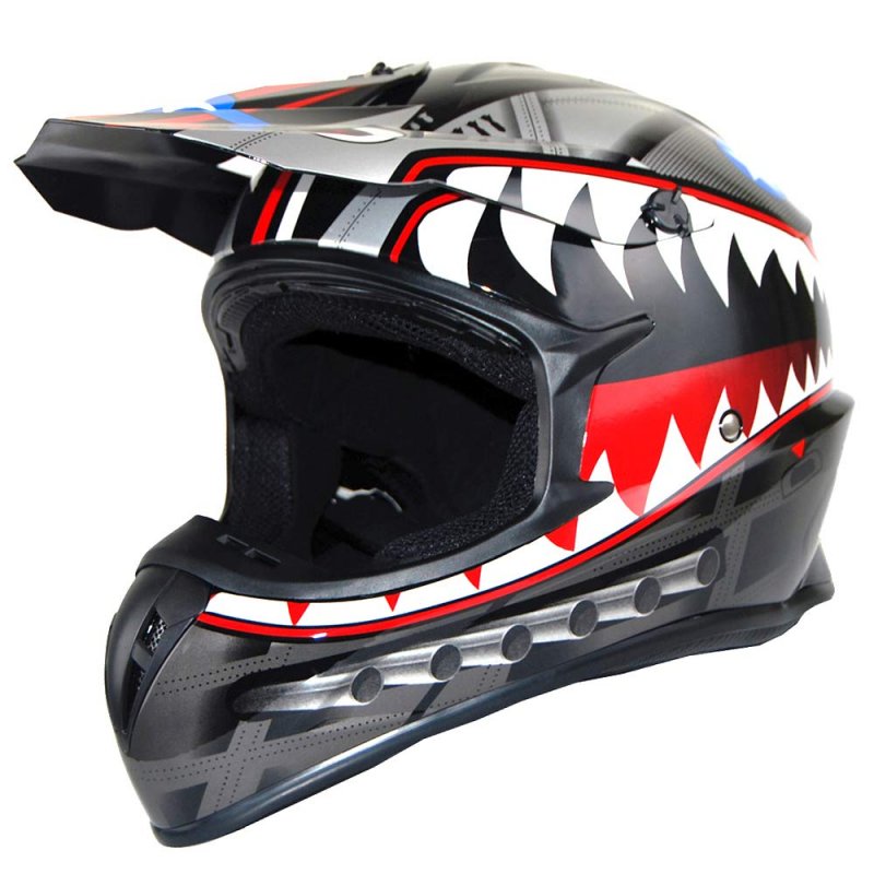 1storm Adult Motocross Helmet Bmx Mx Atv Dirt Bike Downhill Mountain Monster Shark Black Goggles Skeleton Glove Bundle