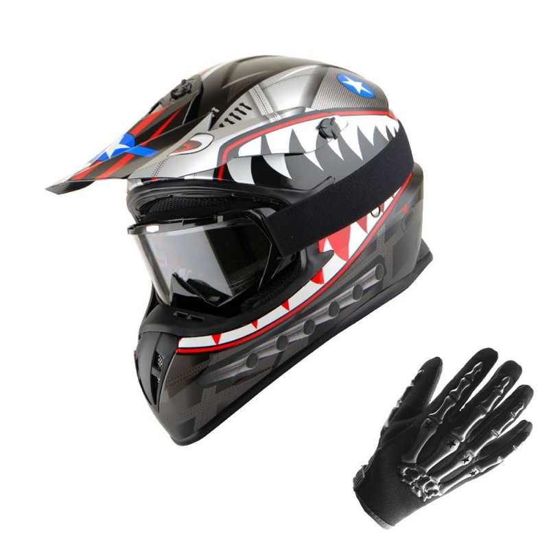 1storm Adult Motocross Helmet Bmx Mx Atv Dirt Bike Downhill Mountain Monster Shark Black Goggles Skeleton Glove Bundle