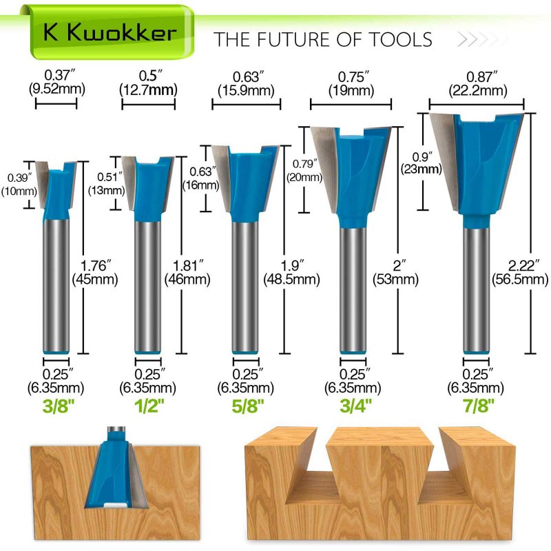 Dovetail Router Bit Set 1 4 In Shank 5 Piece Wood Milling Cutter 3 8 2 7 Dia For Boxes Drawers And Fine Casework Woodworking
