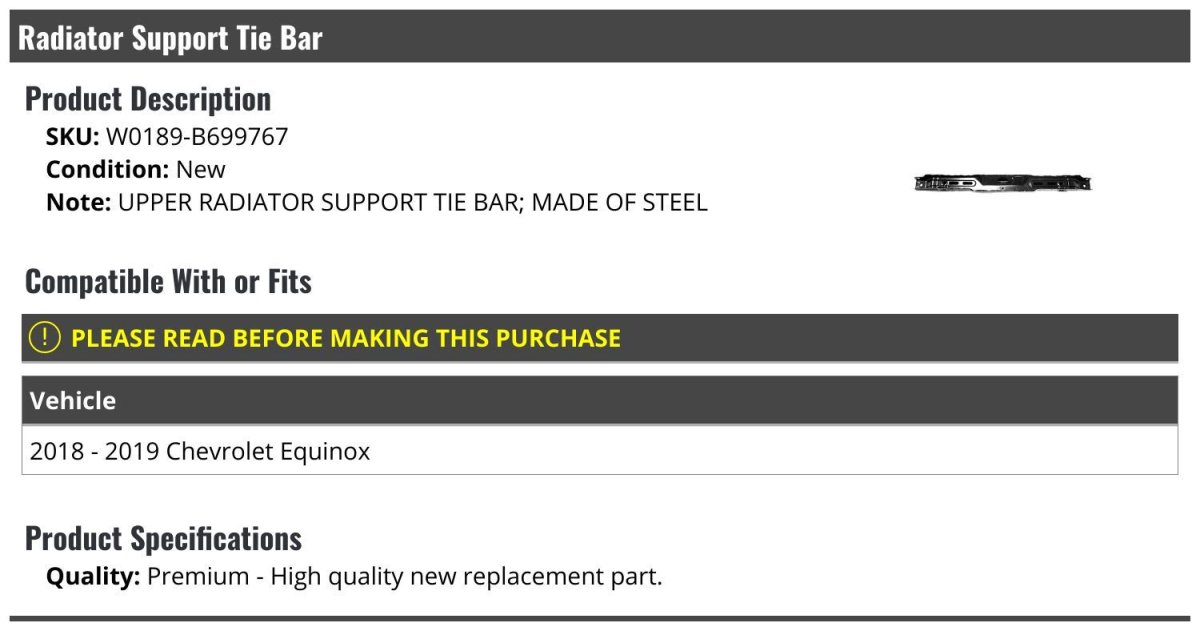Upper Radiator Support Tie Bar For 2018 2019 Chevy Equinox Steel Replacement Part W0189-b699767