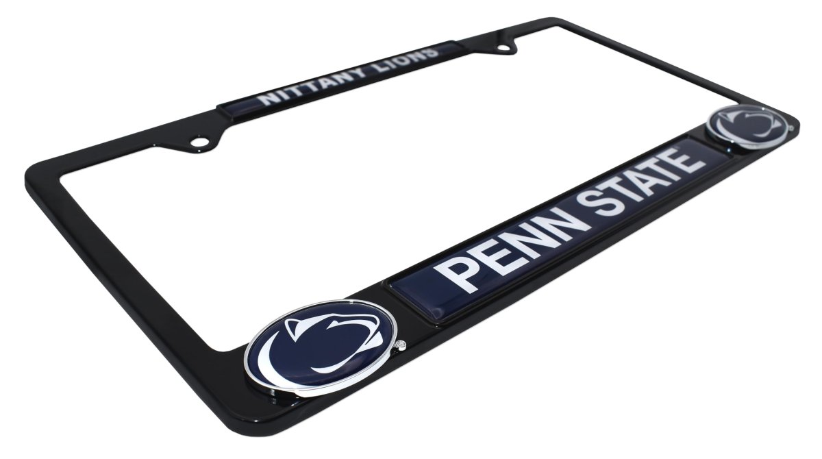 Penn State University Black Metal License Plate Frame With 3d Logos Premium Weather Proof Automotive Car Tag Holder 12 25 In X