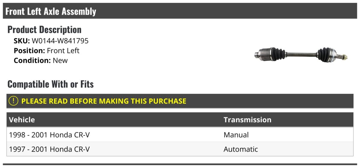 Front Left Driver Side Cv Axle Assembly For 1997 To 2001 Honda Crv Fits 1998 Manual And Automatic Transmission