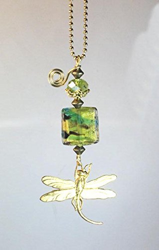 Rear View Mirror Car Accessory Ornament Amber And Green Faceted Glass Golden Dragonfly