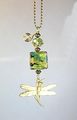 Rear View Mirror Car Accessory Ornament Amber And Green Faceted Glass Golden Dragonfly 
