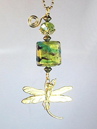 Rear View Mirror Car Accessory Ornament Amber And Green Faceted Glass Golden Dragonfly