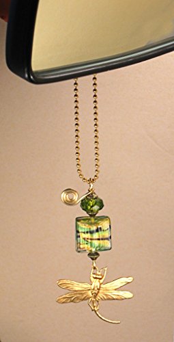 Rear View Mirror Car Accessory Ornament Amber And Green Faceted Glass Golden Dragonfly