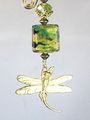 Rear View Mirror Car Accessory Ornament Amber And Green Faceted Glass Golden Dragonfly
