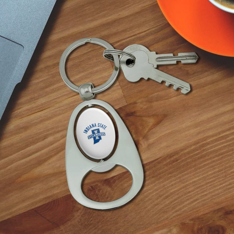 Indiana State University Sycamores Keychain Chrome Metal Spinning Oval Bottle Opener 3 6 X 1 5 In