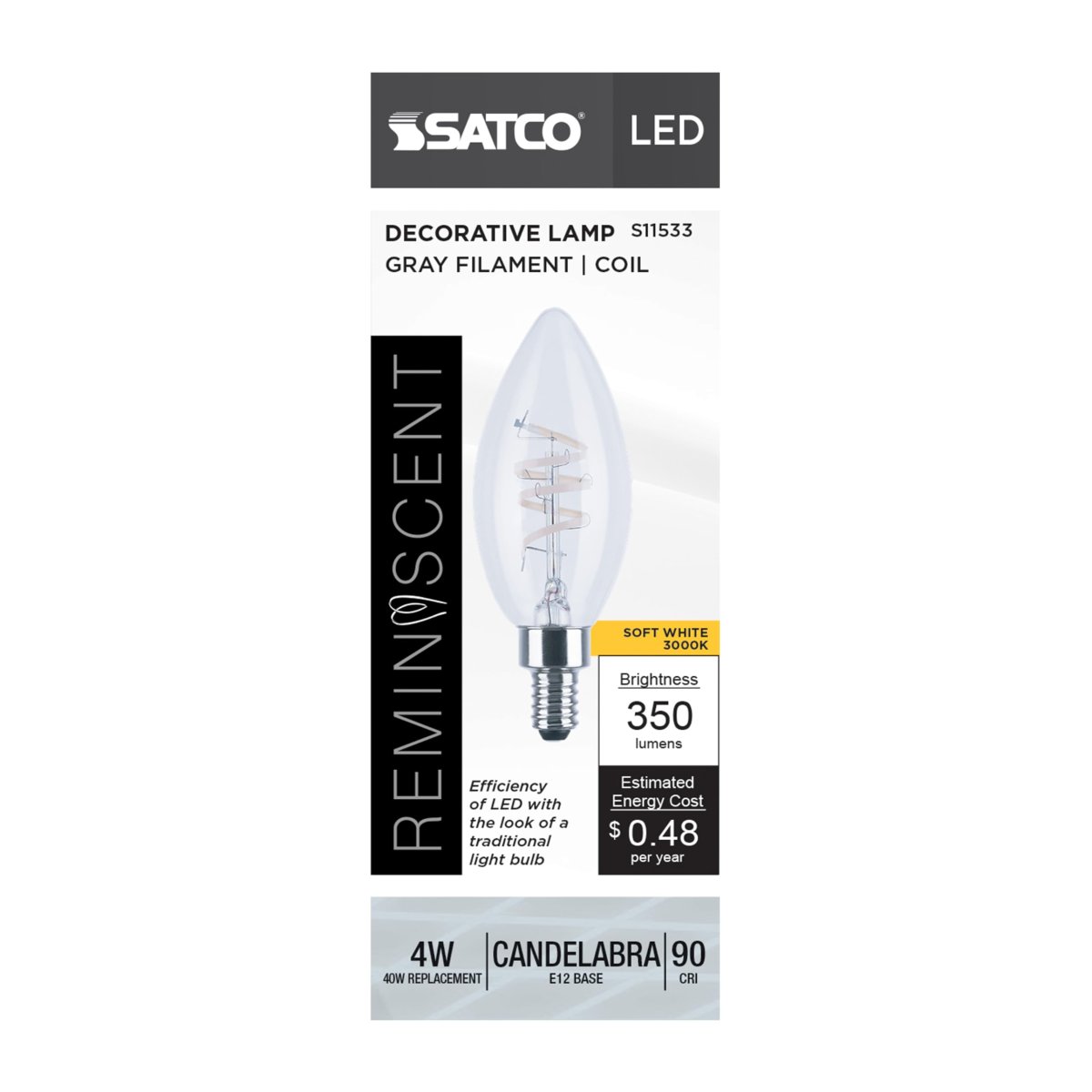Satco 4 Watt B11 Reminiscent Led Filament Light Bulb 3000k Soft White 350 Lumens 90 Cri Clear Finish Candelabra E12 Base 360