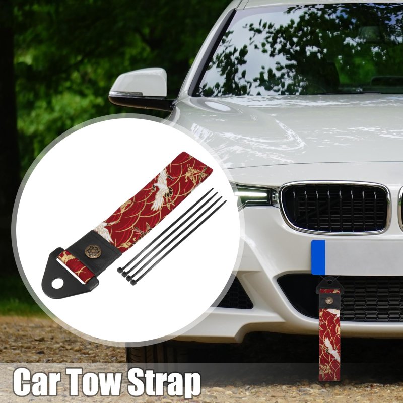 Car Tow Strap Kit Ancient Japanese Element Trailer Belt With Combination Of Flying Crane Pattern Rope Hook For Decorative Red
