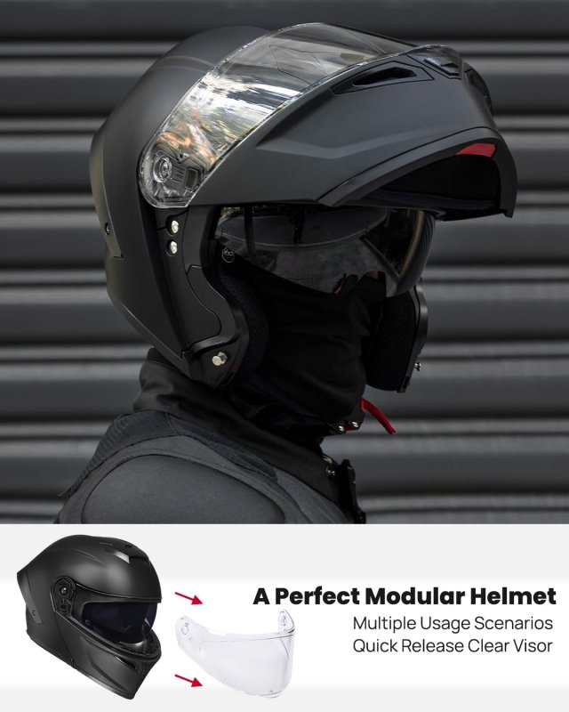 Ilm Motorcycle Helmets Modular Full Face Moped Helmet Flip Up Dual Visor For Adult Dot Approved Matte Black Xx-large