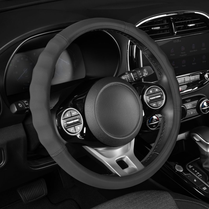 Motor Trend Soft Touch Leather Gray Steering Wheel Cover With Grooves Advanced Traction Universal Fit For Standard Sizes 14 5