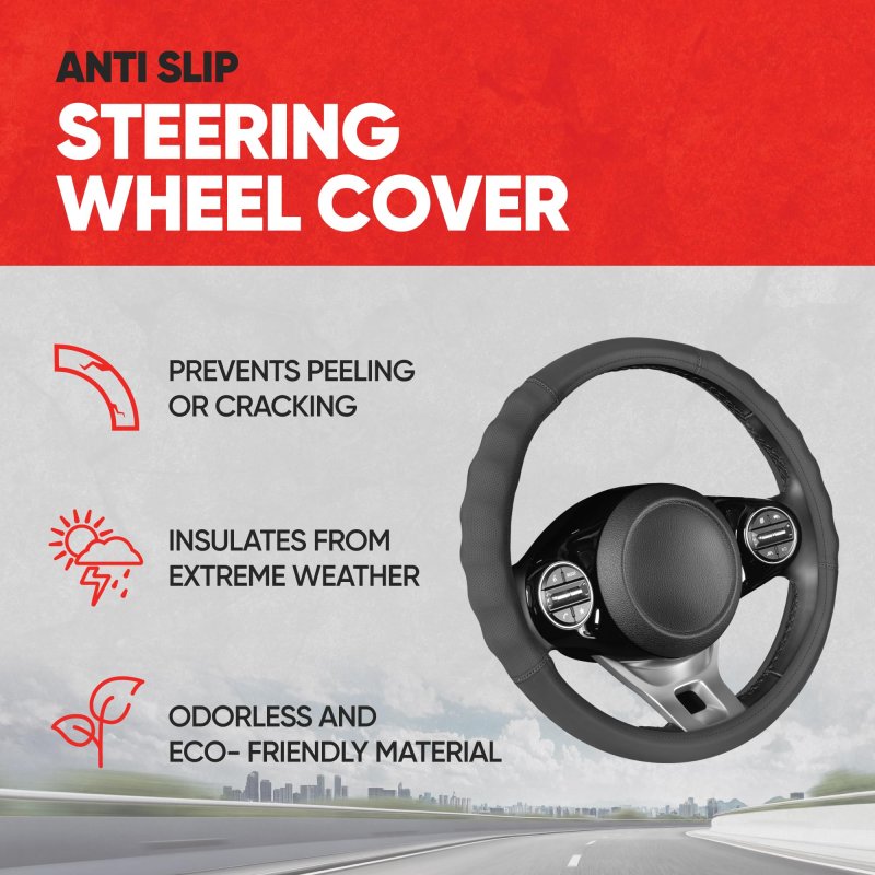 Motor Trend Soft Touch Leather Gray Steering Wheel Cover With Grooves Advanced Traction Universal Fit For Standard Sizes 14 5