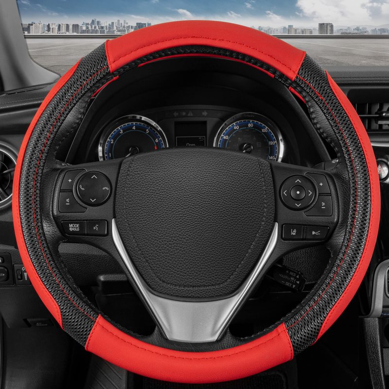 Motor Trend Griptech Sport Red Steering Wheel Cover Enhanced Traction And Comfort For Car Truck Van Suv 15 Inch Two-tone Design