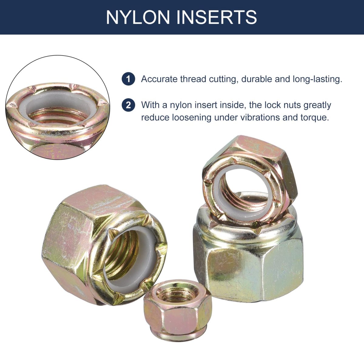 5pcs 1 2 -20 Nylon Insert Hex Lock Nuts Carbon Steel Self-locking Stop Nut For Industrial Construction Fasteners Color Zinc