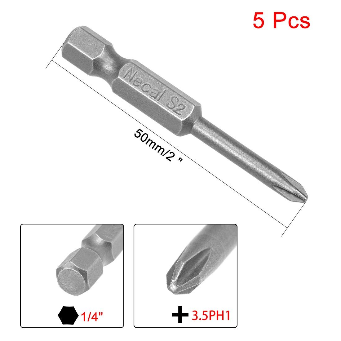 5 Pcs 3 5mm Ph1 Magnetic Phillips Screwdriver Bits 1 4 Inch Hex Shank 2-inch Length S2 Power Tool