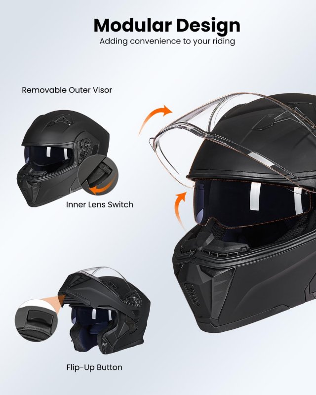 Modular Motorcycle Helmet 906 Matte Black Large Dot Approved Flip Up With Double Visors And Communication System Speaker