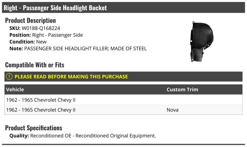 Right Passenger Side Headlight Bucket Filler For 1962-1965 Chevy Ii