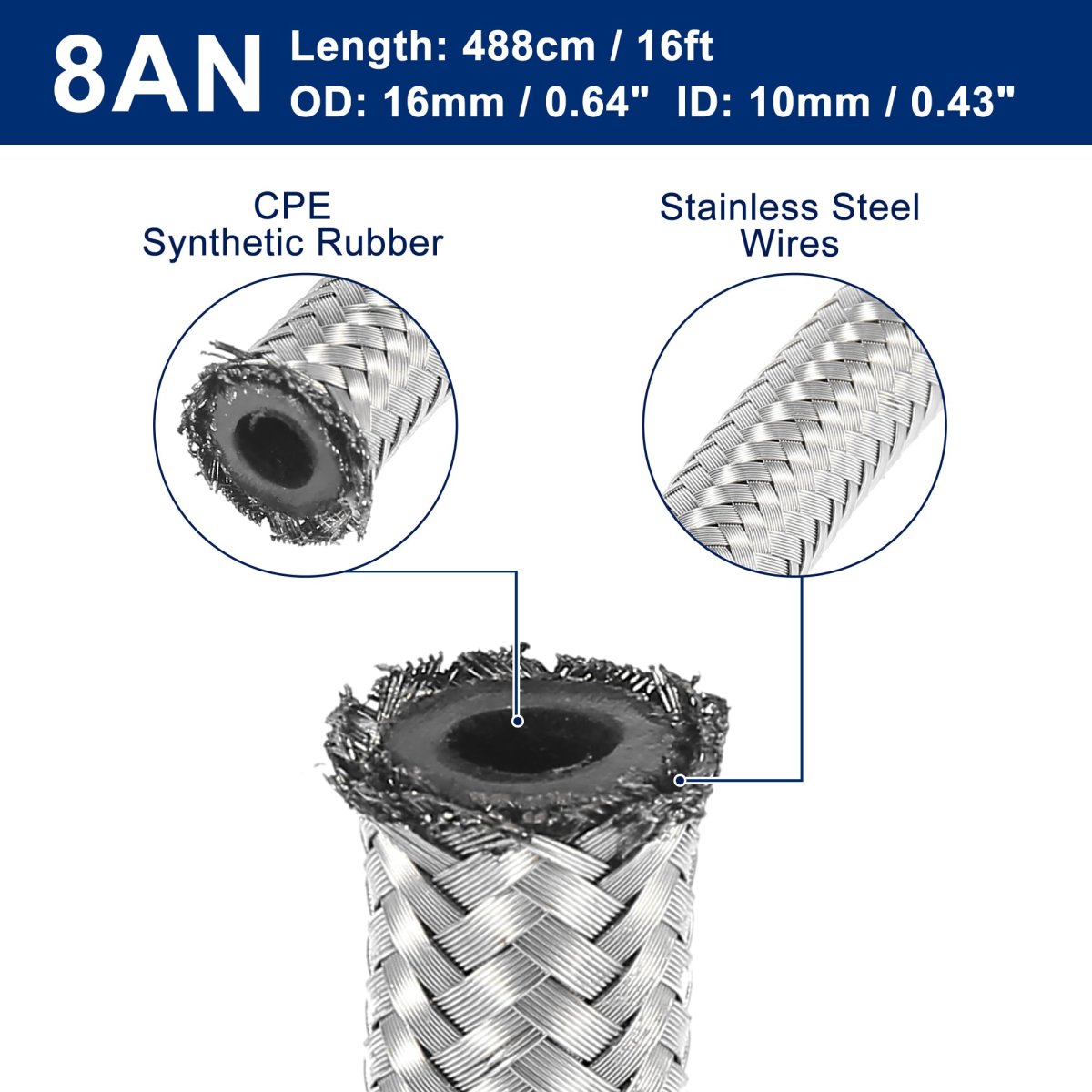 16 Ft 8an Fuel Hose An8 1 2 Universal Braided Stainless Steel Cpe Oil Gas Line