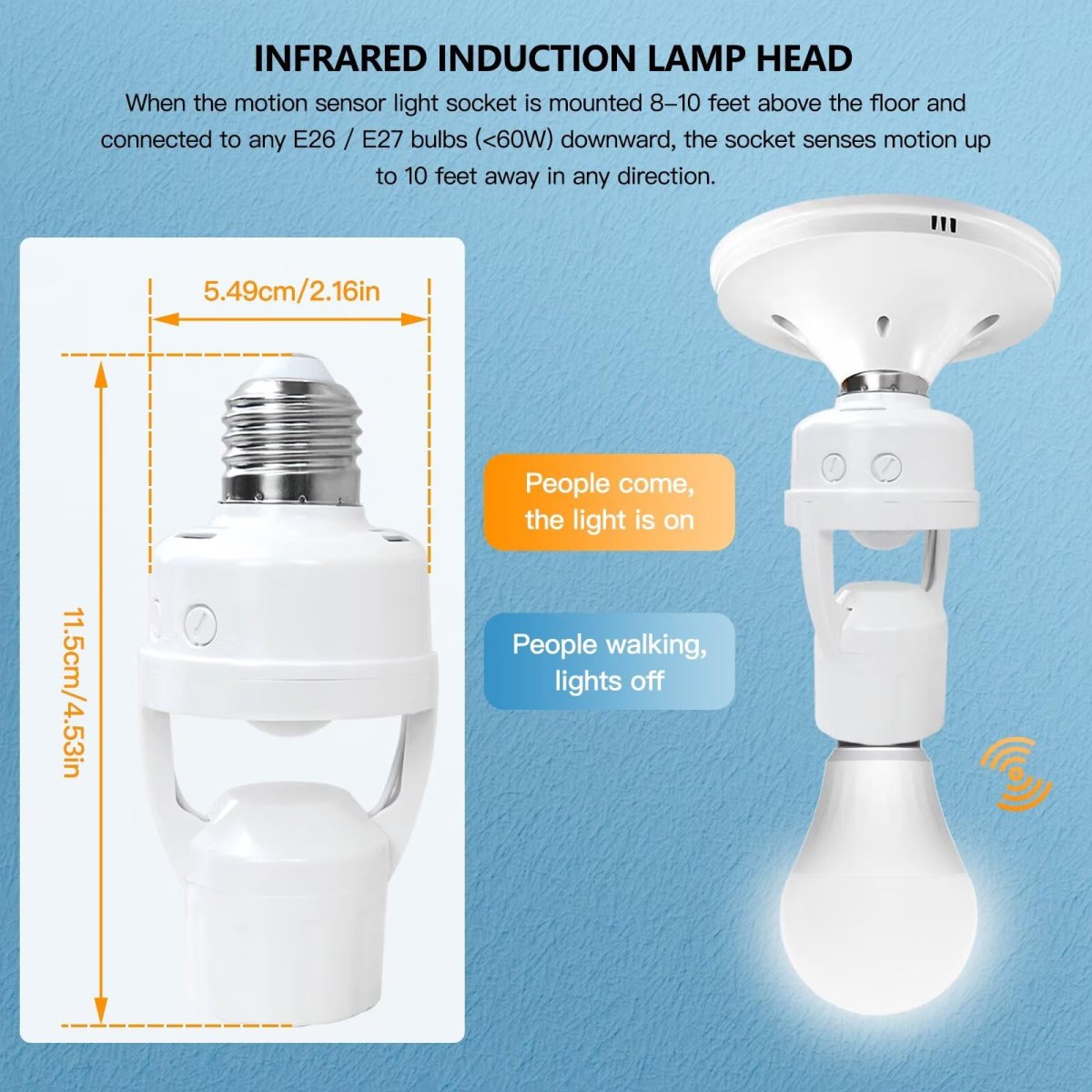 Automatic Motion Sensor Socket For E26 E27 Bulbs Energy Saving No Wiring Ideal Garages Closets