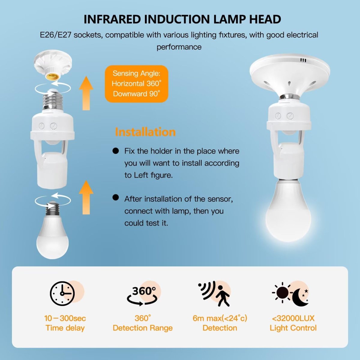 Automatic Motion Sensor Socket For E26 E27 Bulbs Energy Saving No Wiring Ideal Garages Closets