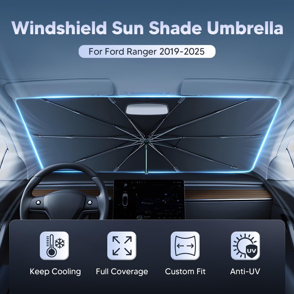 Windshield Sun Shade Umbrella For 2019-2025d Ranger Accessories Upgraded Ice Crystal Material Easy Setupshade For Car 100 Sun