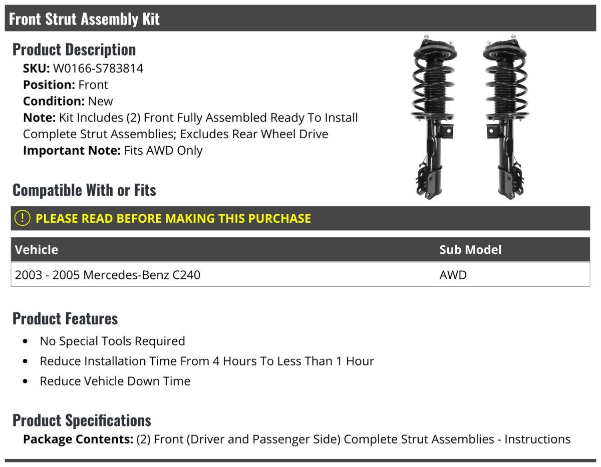 Front Strut And Coil Spring Assembly Set Of 2 For 2003-2005 Mercedes-benz C240 Awd