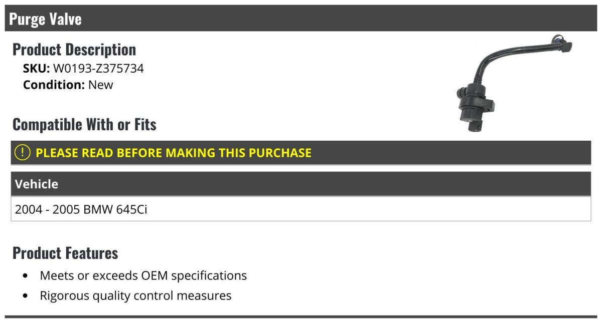 Purge Valve For 2004-2005 Bmw 645ci