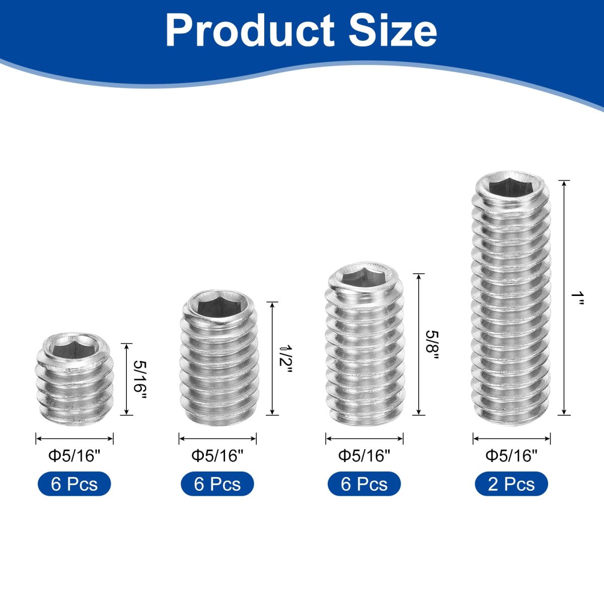 Allen Head Socket Hex Grub Screw Assortment Kit 20pcs 5 16-18 4 Sizes 304 Stainless Steel Internal Drive Cup-point Set Screws