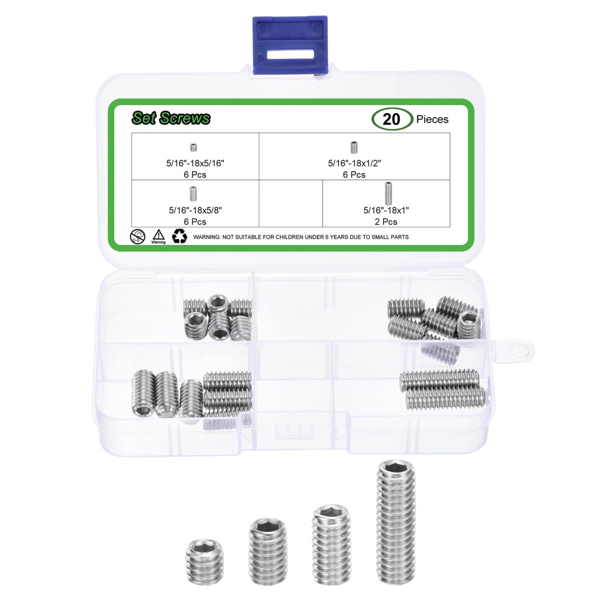 Allen Head Socket Hex Grub Screw Assortment Kit 20pcs 5 16-18 4 Sizes 304 Stainless Steel Internal Drive Cup-point Set Screws