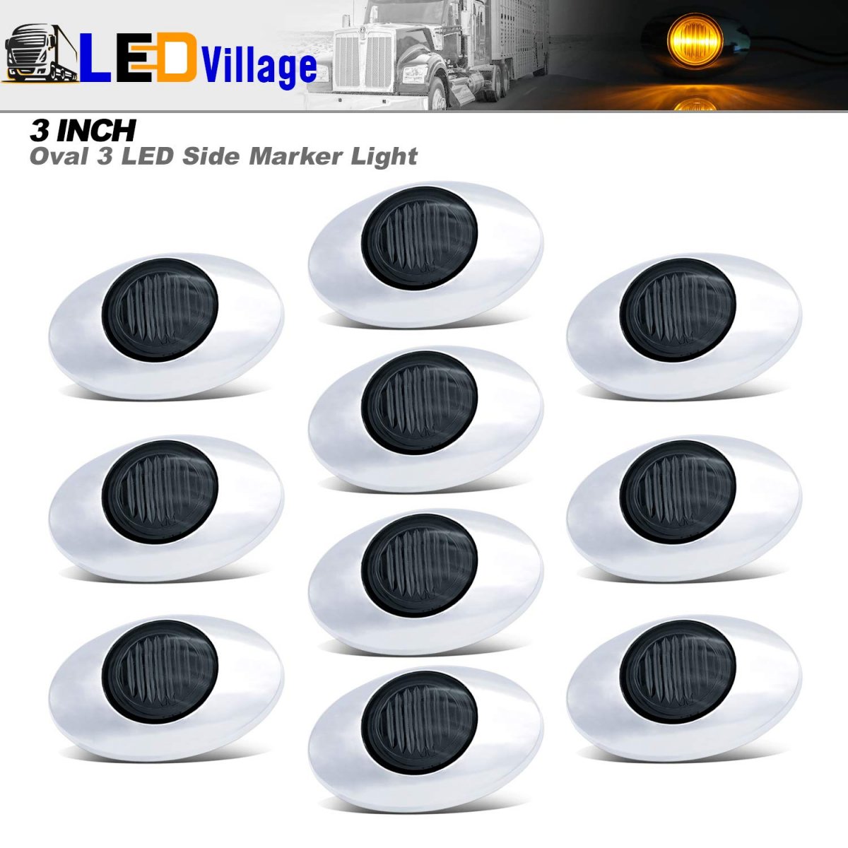Ledvillage Pack Of 10 3 Inch Smoked Lens Amber Led Oval Side Marker Light Sleeper Panel With Chrome Bezel For Pickup Boat