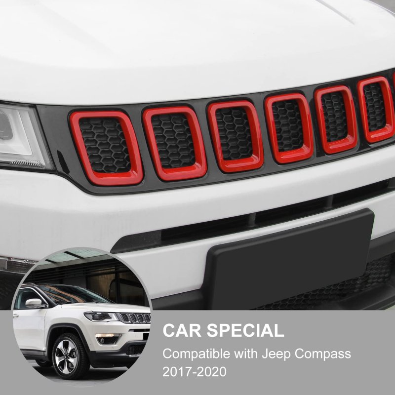 Grille Grill Cover Inserts Frame Trims Kit For Jeep Compass 2017 2018 2019 Red Abs Front 7 Piece Set
