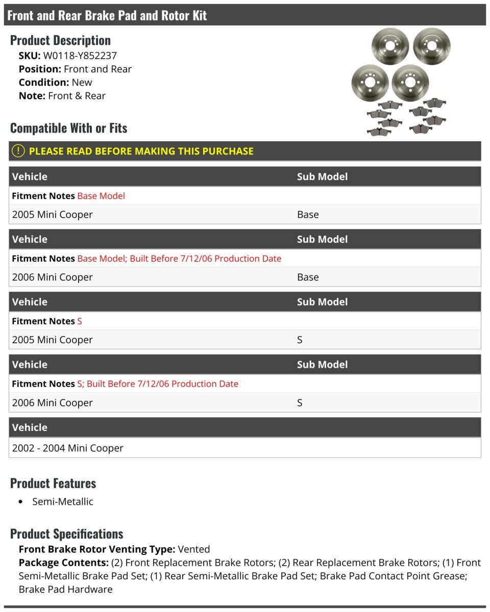 Front And Rear Semi Metallic Brake Pads Rotor Kit For 2002-2006 Mini Cooper Up To 7 12 2006 Vehicle Production