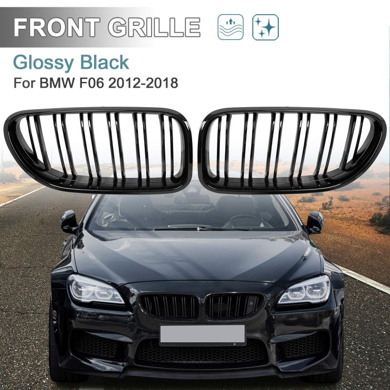 1 Pair Glossy Black Car Hood Kidney Bars Front Grille Double Line 4 Door For Bmw F06 2012-2018