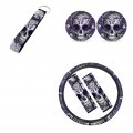 Fkelyi Purple Sugar Skull Printed Car Steering Wheel Cover 6 Packs Set With Absorbent Cup Coaster Seat Belt Shoulder Strap Pads 